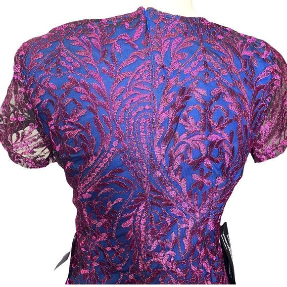 JS Collections Short Sleeve Blue Pink Overlay Metallic Sheath Cocktail Dress - Picture 9 of 12